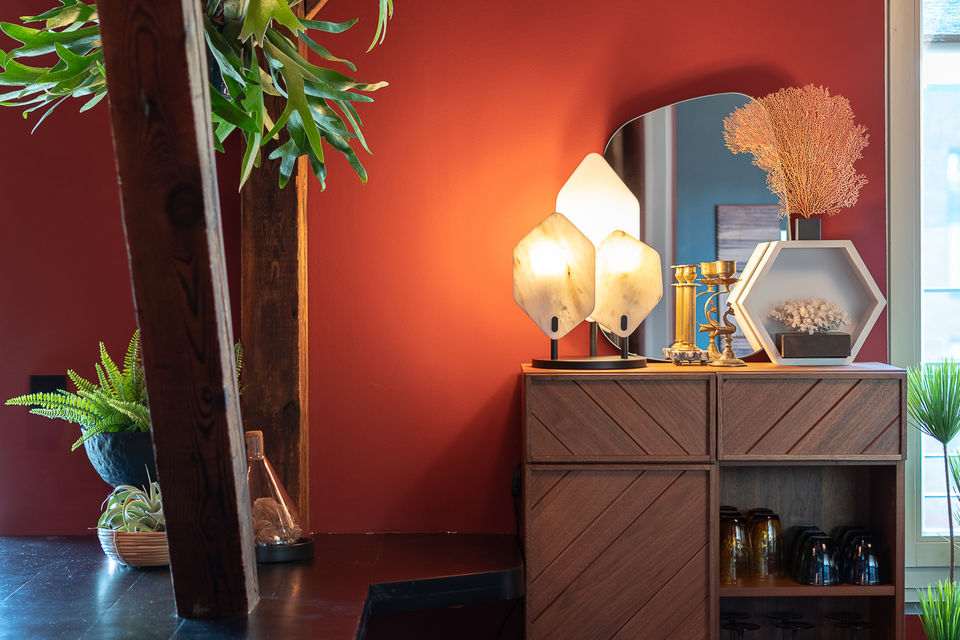 Furnished apartment, living room with red accent wall in Berlin Mitte