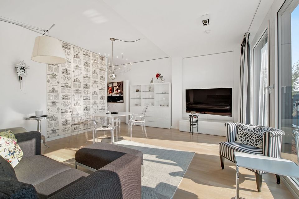Furnished apartment, living room with panoramic windows in Berlin Mitte
