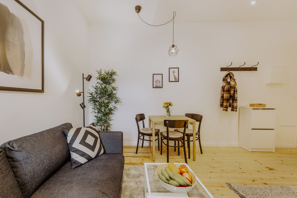 Furnished apartment, living room with wooden flooring in Berlin Mitte