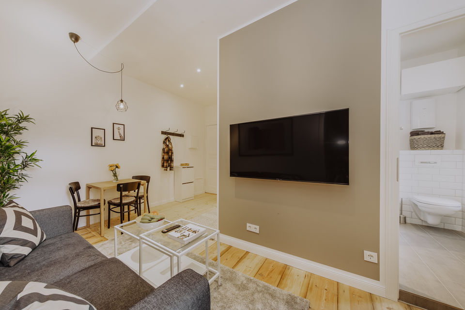 Furnished apartment, living room with wall-mounted TV in Berlin Mitte