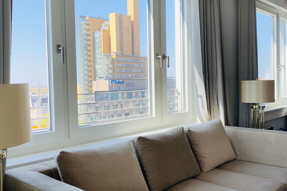 Furnished apartment, living room with city view in Berlin Mitte