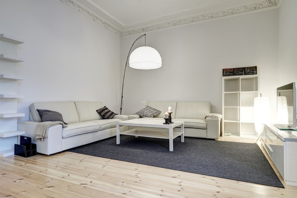 Furnished apartment, living room with arc lamp in Berlin Kreuzberg