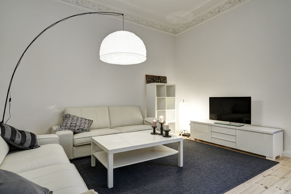 Furnished apartment, living room with arc lamp in Berlin Kreuzberg