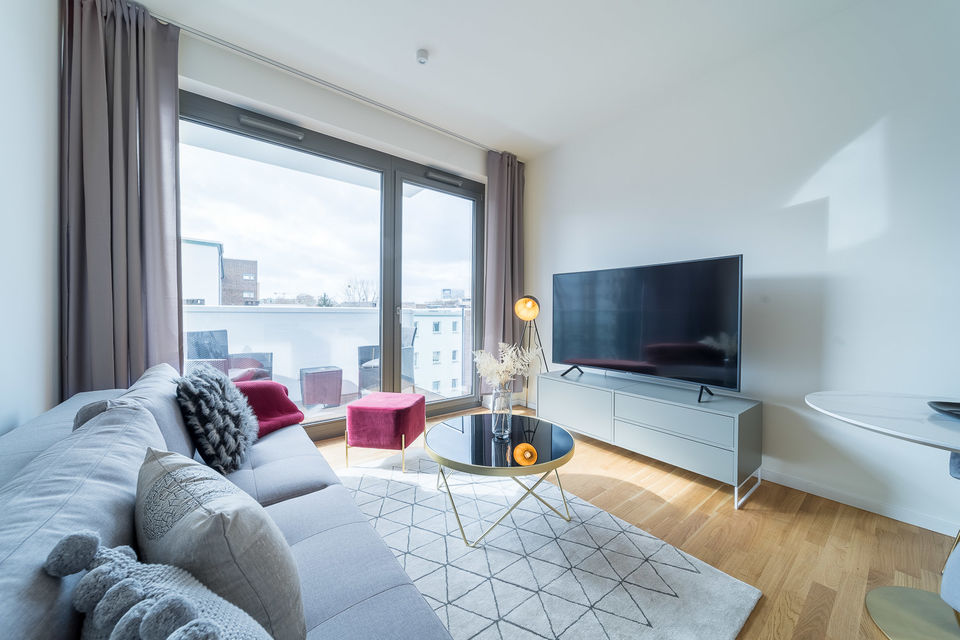 Furnished apartment, living room with water view in Berlin Mitte
