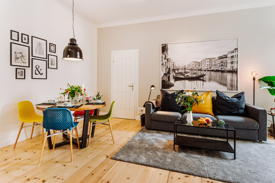 Furnished apartment, living room with designer furniture in Berlin Prenzlauer Berg