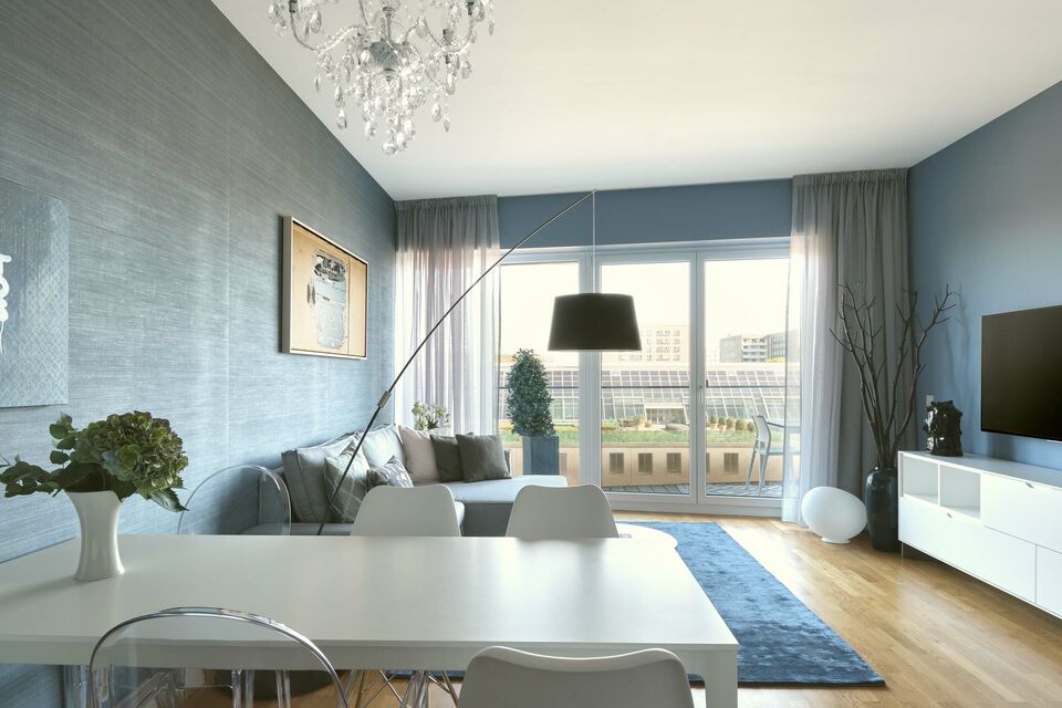 Furnished apartment, living room with panoramic windows in Berlin Mitte