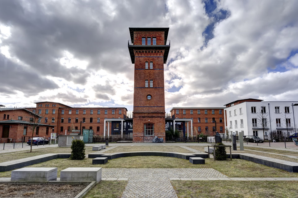 Furnished house, neighborhood with brick tower in Berlin Rummelsburg