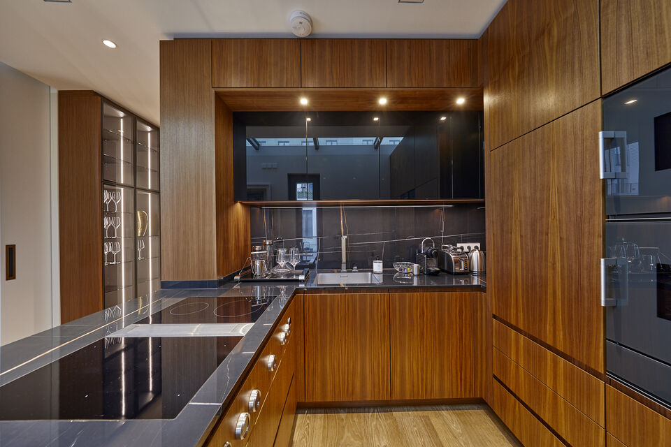 Serviced apartment, kitchen with wood paneling in Berlin Mitte