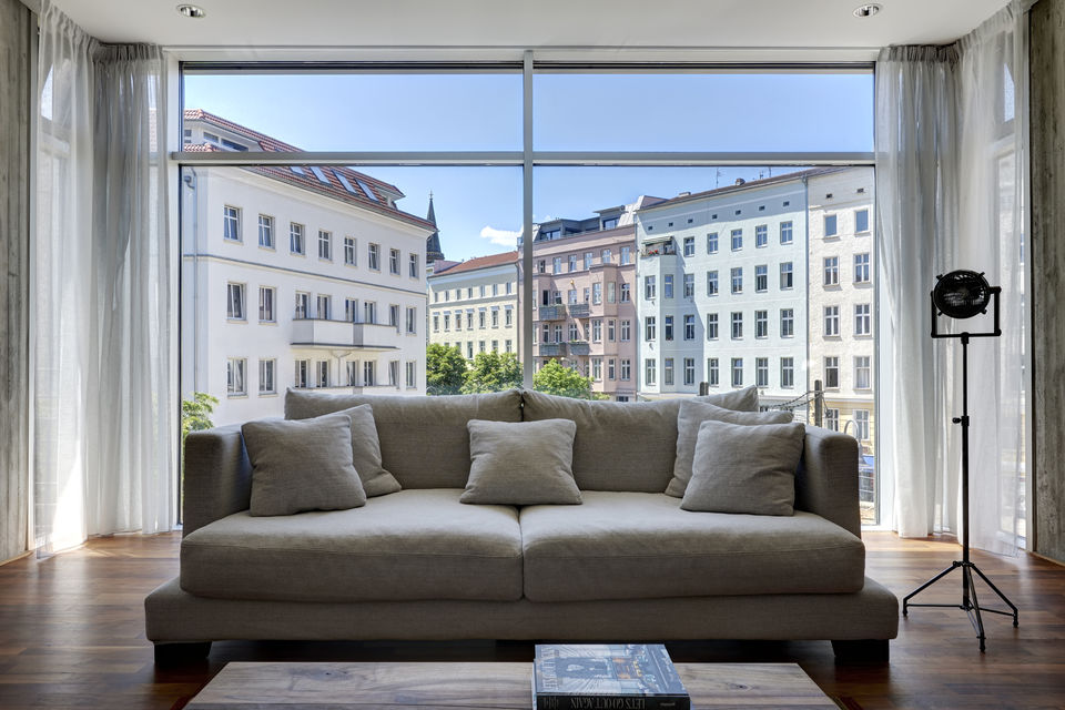 Furnished apartment, living room with city view in Berlin Mitte