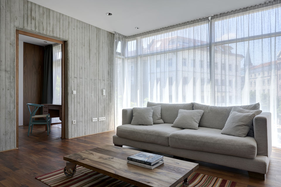 Furnished apartment, living room with panoramic windows in Berlin Mitte