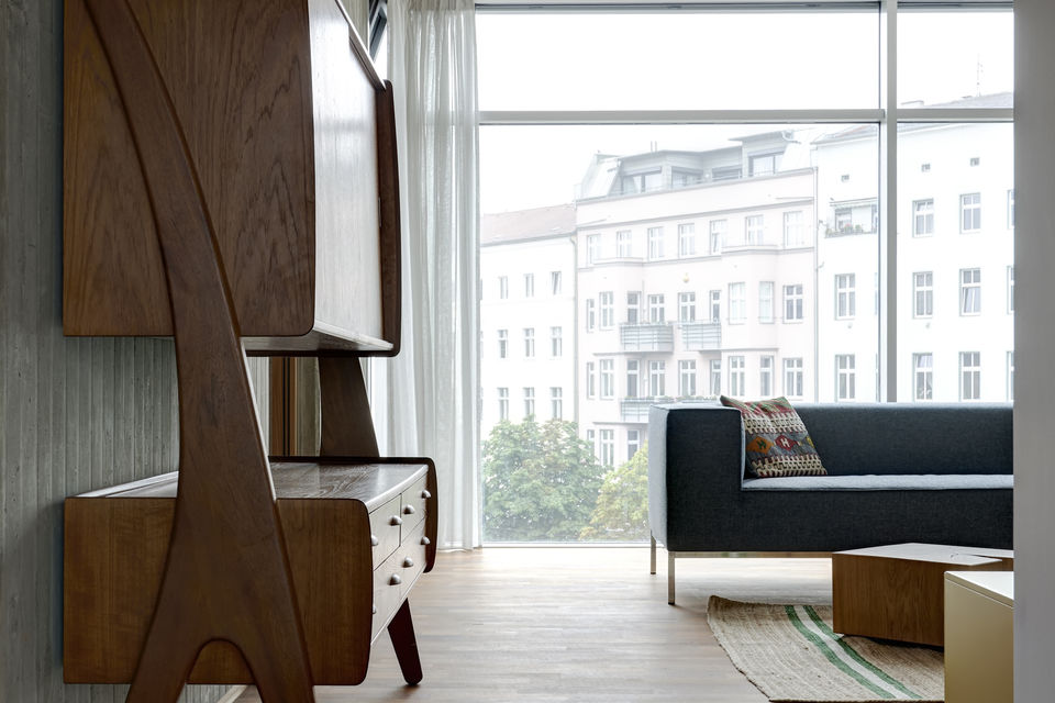 Furnished apartment, living room with panoramic windows in Berlin Mitte