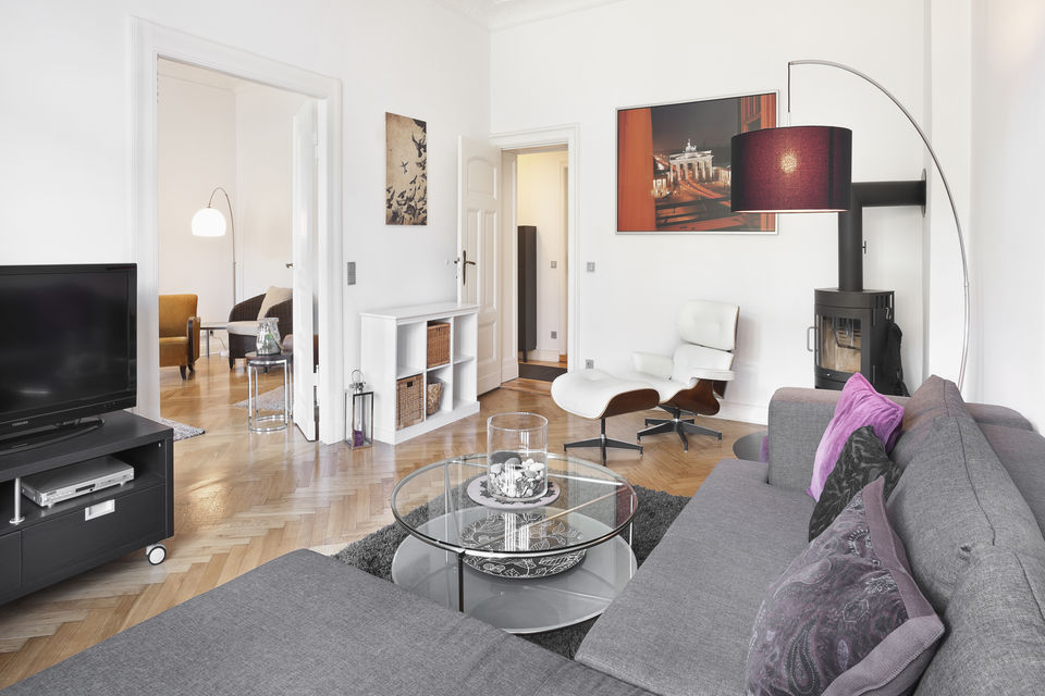 Furnished apartment, living room with fireplace stove in Berlin Prenzlauer Berg