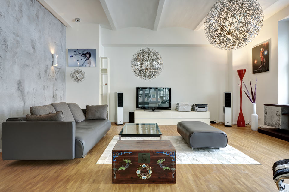 Furnished apartment, living room with designer pendant lights in Berlin Mitte