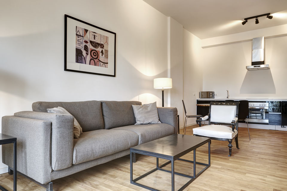 Furnished apartment, living room with open kitchen in Berlin Kreuzberg
