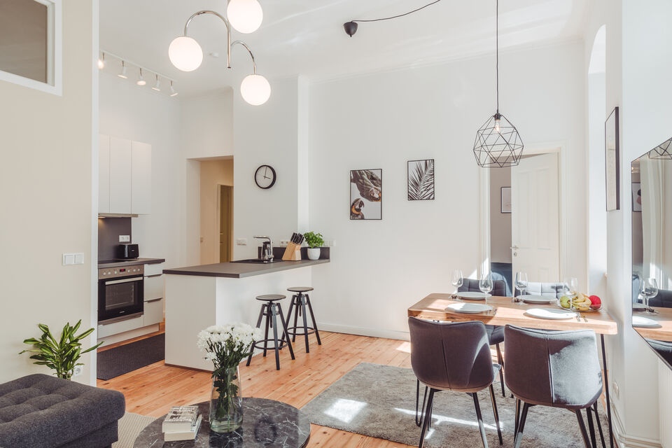 Furnished apartment, living room with open kitchen in Berlin Wedding