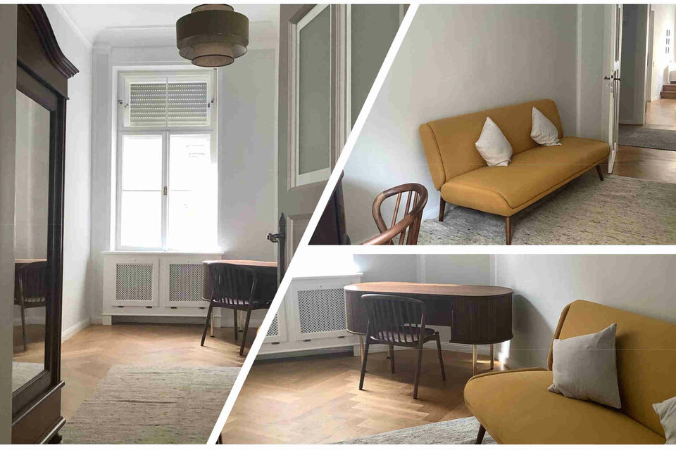 Möblierte Wohnung, Wohnzimmer mit Designersofa in München Ludwigsvorstadt
