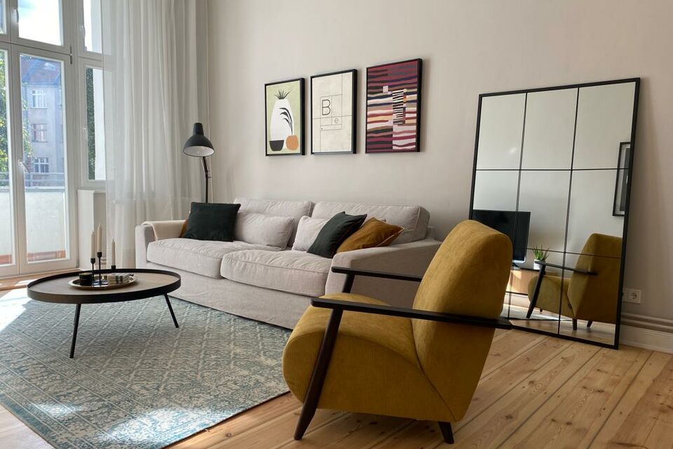 Furnished apartment, living room with designer furniture in Berlin Charlottenburg
