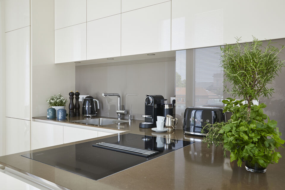 Serviced apartment, kitchen with modern cooktop in Berlin Mitte