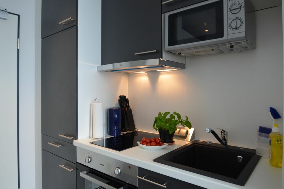 Serviced apartment, kitchen with modern appliances in Frankfurt Niederrad