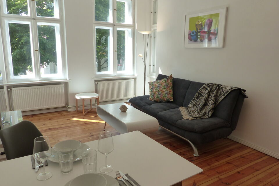 Furnished apartment, living room with large windows in Berlin Rummelsburg