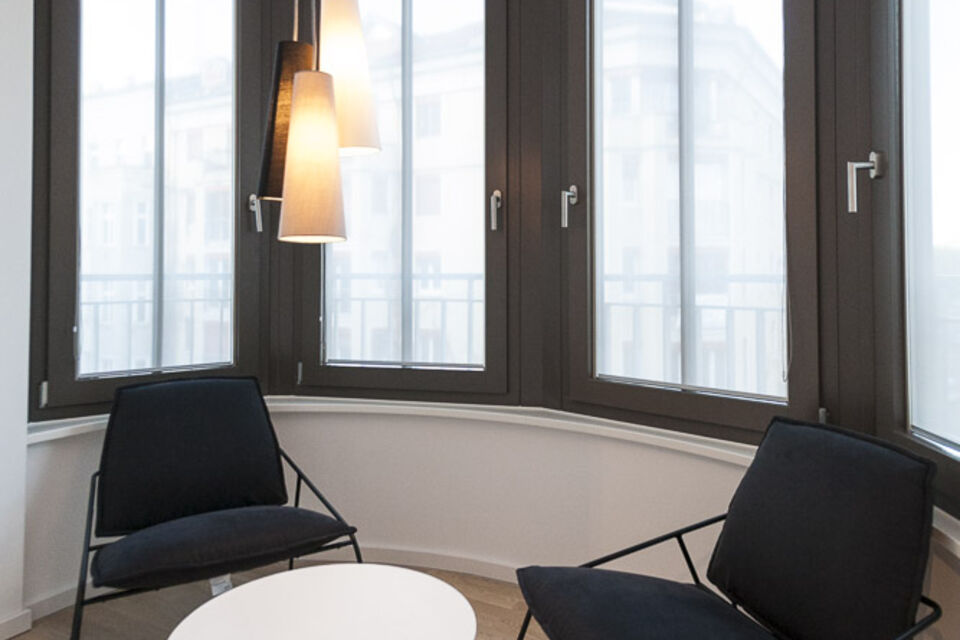 Furnished apartment, living room with panoramic windows in Berlin Mitte