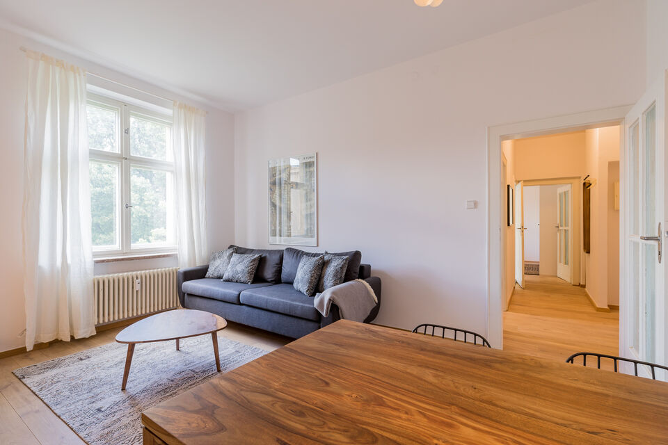 Furnished apartment, living room with wooden flooring in Berlin Friedrichshain