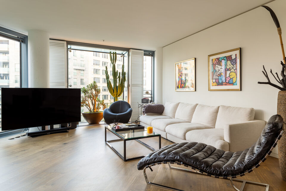 Furnished apartment, living room with panoramic windows in Berlin Mitte