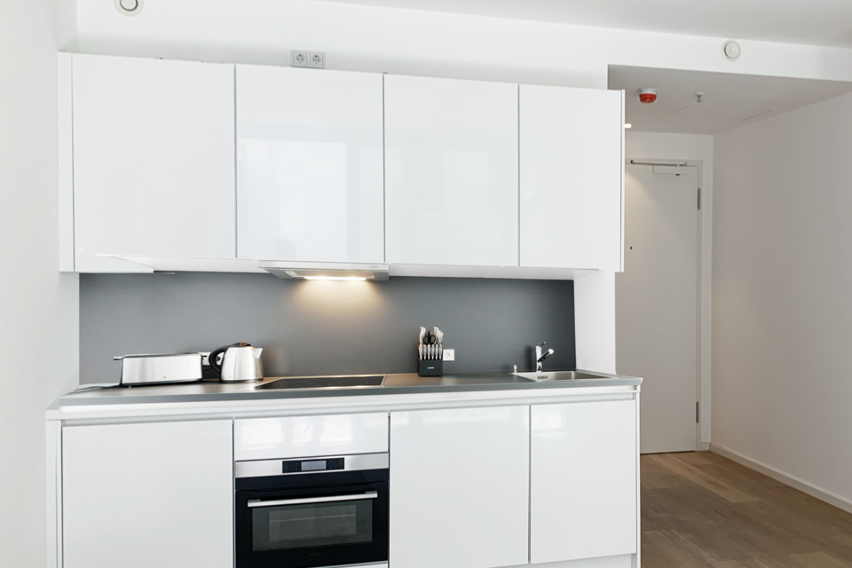 Möblierte Wohnung, Küche mit grauer Rückwand in Frankfurt Gallus