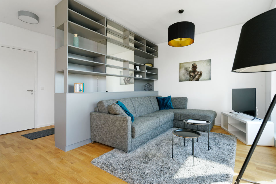 Furnished apartment, living room with shelving wall in Berlin Mitte