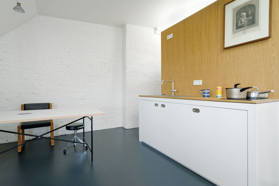 Furnished apartment, kitchen with wooden wall paneling in Berlin Friedrichshain