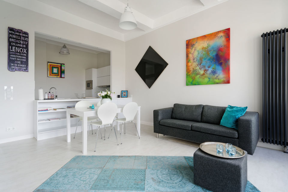 Furnished apartment, living room with contemporary art installation in Berlin Mitte