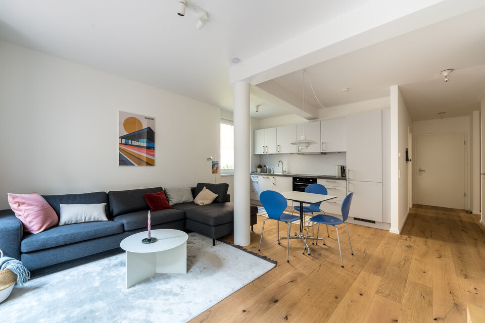 Möblierte Wohnung, Wohnzimmer mit offener Küche in Berlin Kreuzberg