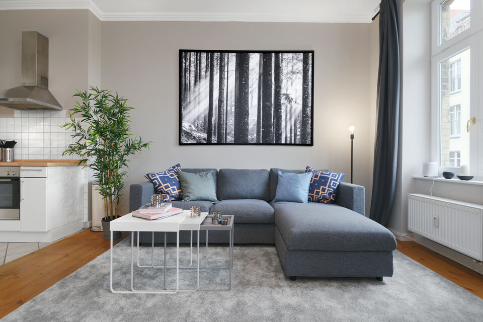 Furnished apartment, living room with corner sofa in Berlin Mitte