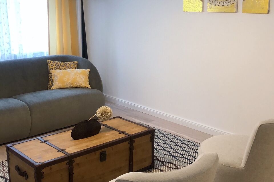 Furnished apartment, living room with vintage trunk coffee table in Berlin Mitte