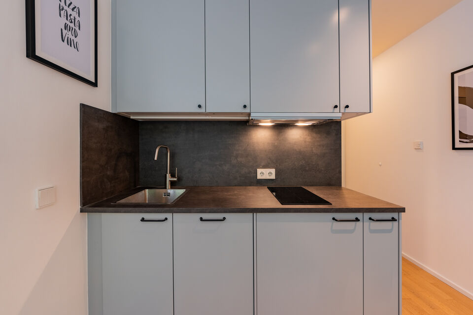Furnished apartment, kitchen with dark backsplash in Berlin Kreuzberg