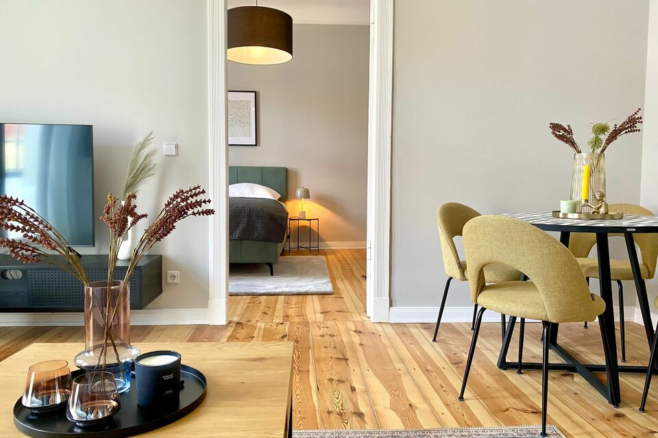 Furnished apartment, living room with oak parquet flooring in Berlin Charlottenburg