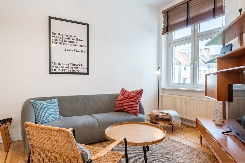 Möblierte Wohnung, Wohnzimmer mit Designersofa in Berlin Friedrichshain