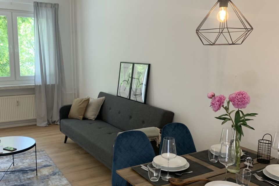 Möblierte Wohnung, Wohnzimmer mit modernem Designsofa in Berlin Treptow-Köpenick