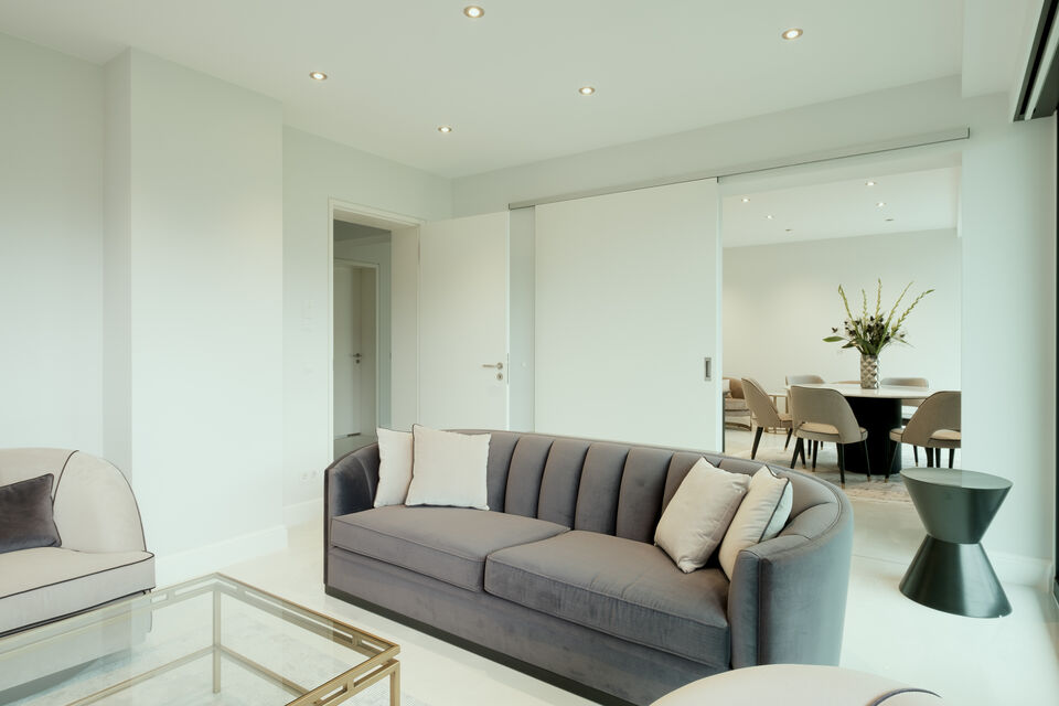 Furnished apartment, living room with gray designer sofa in Berlin Mitte