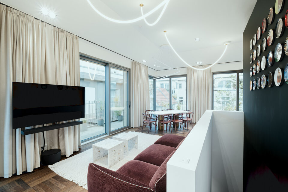 Furnished apartment, living room with neon lighting in Berlin Prenzlauer Berg