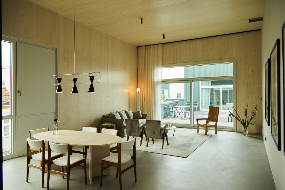 Furnished apartment, living room with wood paneling in Berlin Mitte