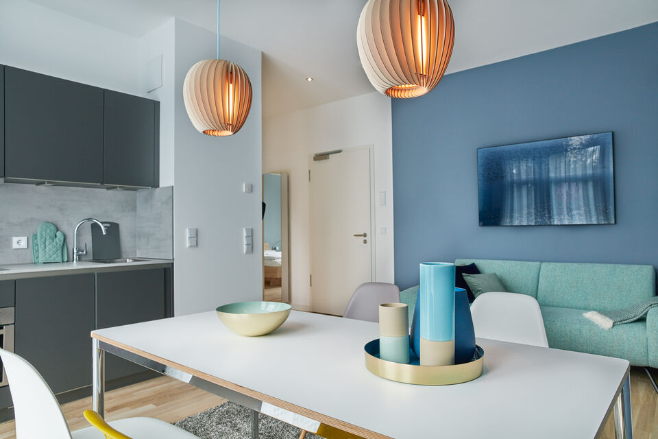 Furnished apartment, living room with modern pendant lights in Berlin Spandau