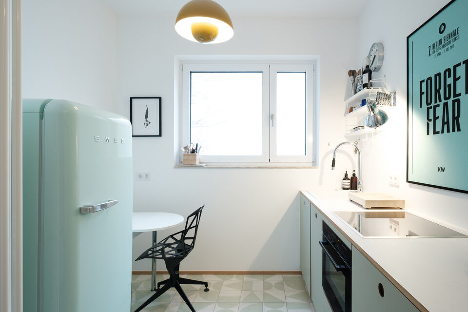 Furnished apartment, kitchen with vintage refrigerator in Berlin Kreuzberg
