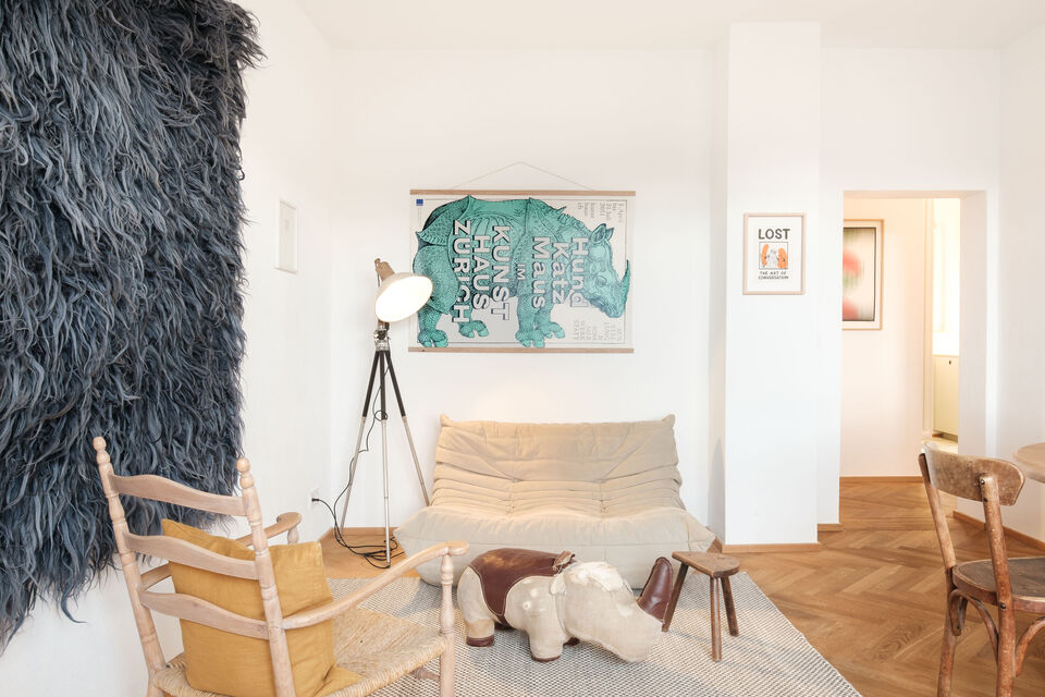 Furnished apartment, living room with wooden parquet flooring in Berlin Kreuzberg