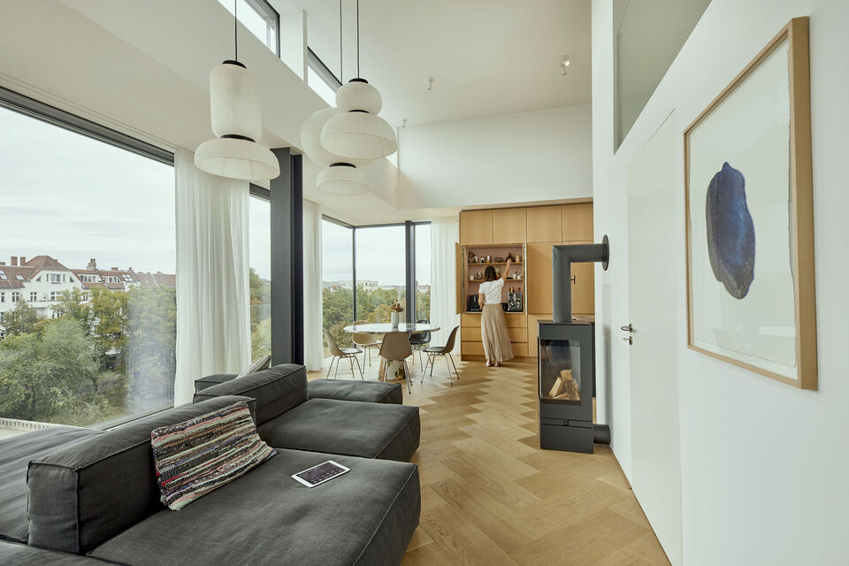 Furnished apartment, living room with panoramic windows in Berlin Kreuzberg