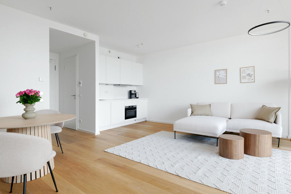 Möblierte Wohnung, Wohnzimmer mit offener Küche in Frankfurt Innenstadt