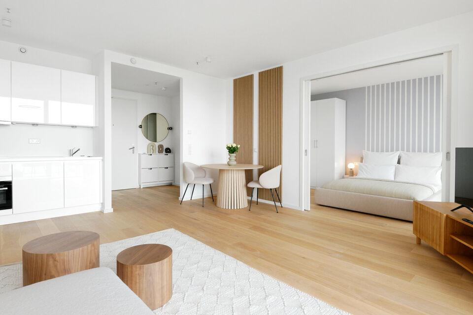 Furnished apartment, living room with wooden accents in Frankfurt Innenstadt