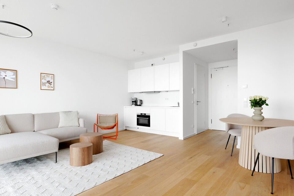Furnished apartment, living room with open kitchen in Frankfurt Innenstadt