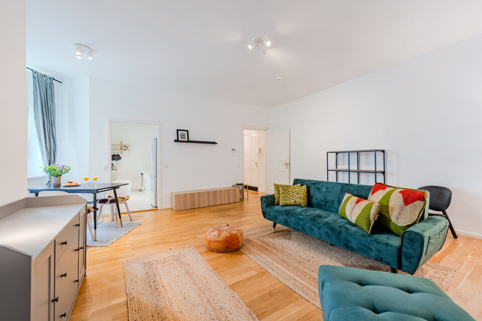 Furnished apartment, living room with velvet sofa in Berlin Prenzlauer Berg