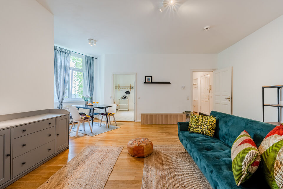 Furnished apartment, living room with velvet sofa in Berlin Prenzlauer Berg